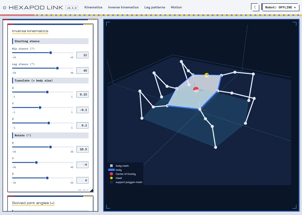 The Inverse Kinematics page: body translation and rotation sliders beside the 3D hexapod