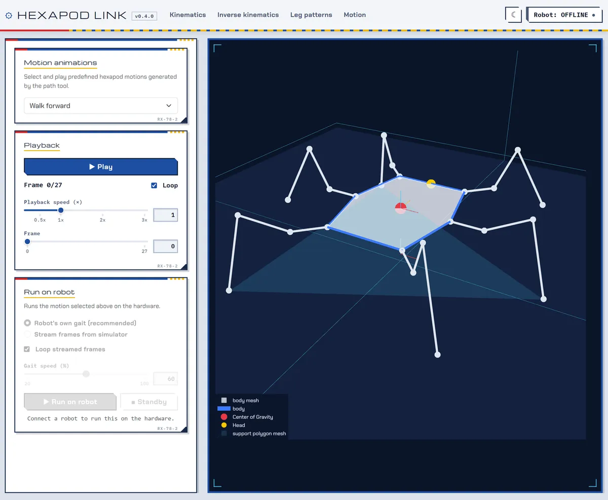 The Motion page: gait playback controls beside the 3D hexapod