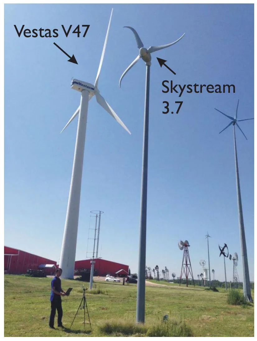 Fig. 9. Photograph of the illuminated wind-turbine acquisition scenario in the American Wind Power Center, Lubbock, TX, USA