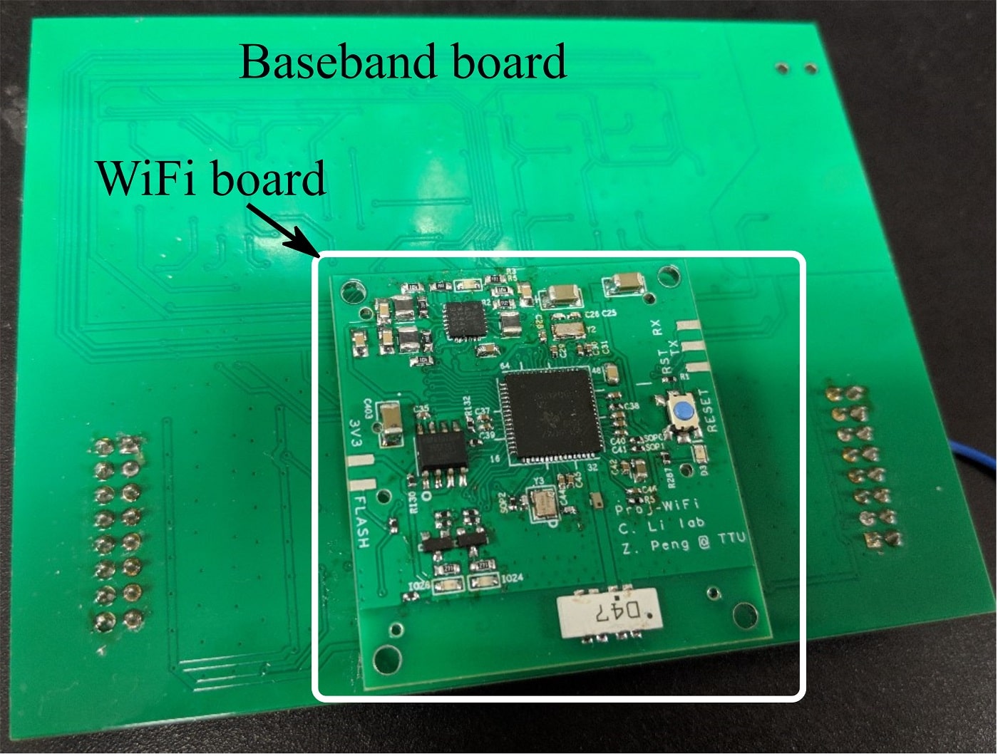 Fig. 5. Photo of the back of the baseband board with stacked WiFi board